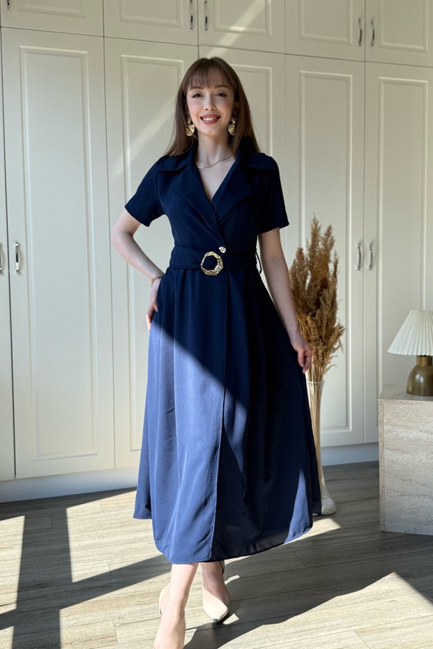 Gold Belted Shirt Collar Midi Navy Blue Dress