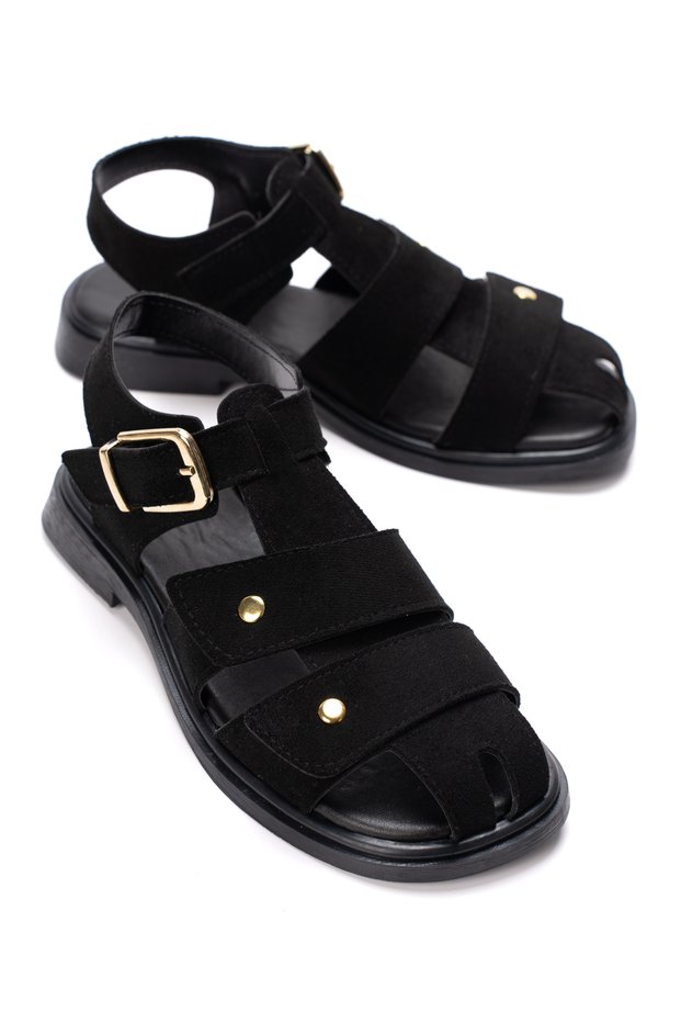 Women's Suede Buckle Detailed Strappy Sandals 6359 Black Suede
