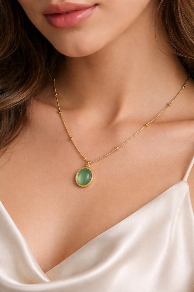 Mint Water Green Oval Stone Gold Color Bulk Chain Cat's Eye Stainless Steel Minimal Gold Necklace