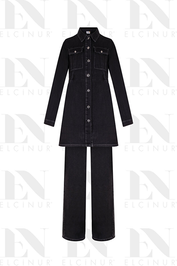 26353 Denim Jeans Tunic Trousers Set – Modern Hijab Set with Buttoned Pocket Detail
