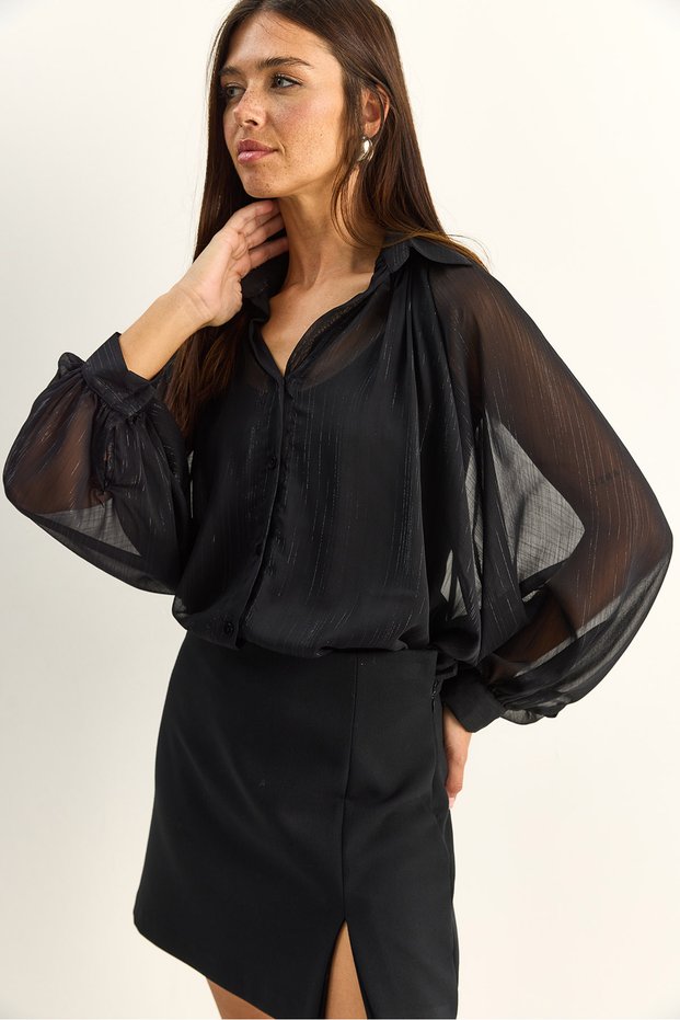 Women's Black Glitter Detailed Bat Sleeve Chiffon Shirt 7622 60286145
