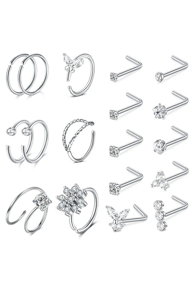 Set 2 18G 1.0mm Face Nose Rings & Studs Geometric 18Pcs Small Open Nose Rings Love Heart Pendant Nos