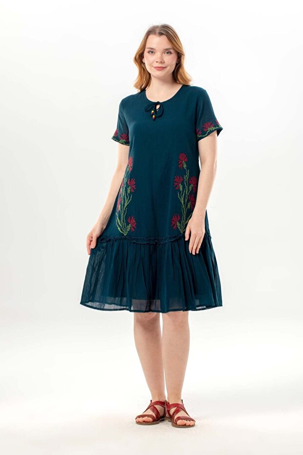 Short Sleeve Rose Ribbon Lace V-Neck Embroidered Summer Voile Short Dress Petrol Ptrl