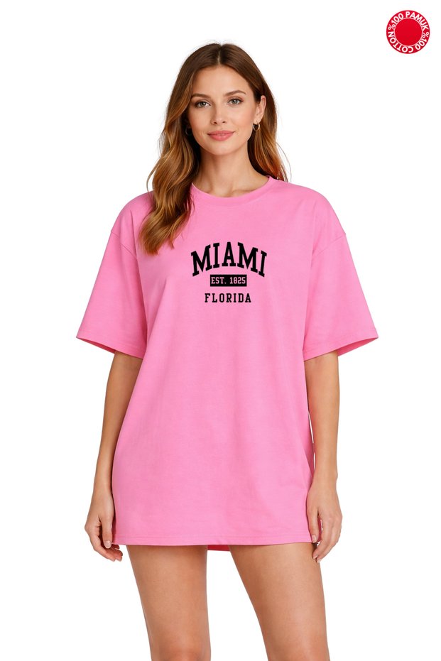 Unisex Oversize Pink Miami Florida Text Printed T-Shirt 100% Cotton Casual Style Daily Trend T-Shirt