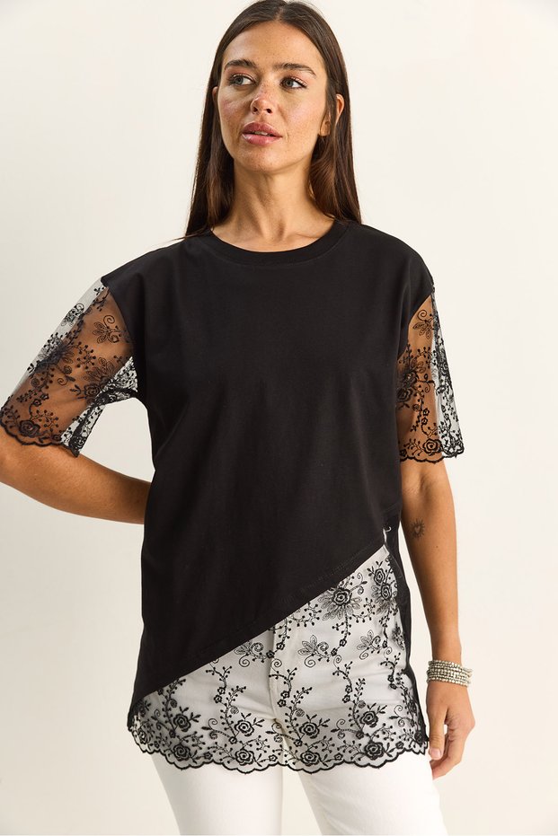 Women's Black Crew Neck Lace Garnished Asymmetrical Cut Relaxed Fit T-Shirt 2225 60286125