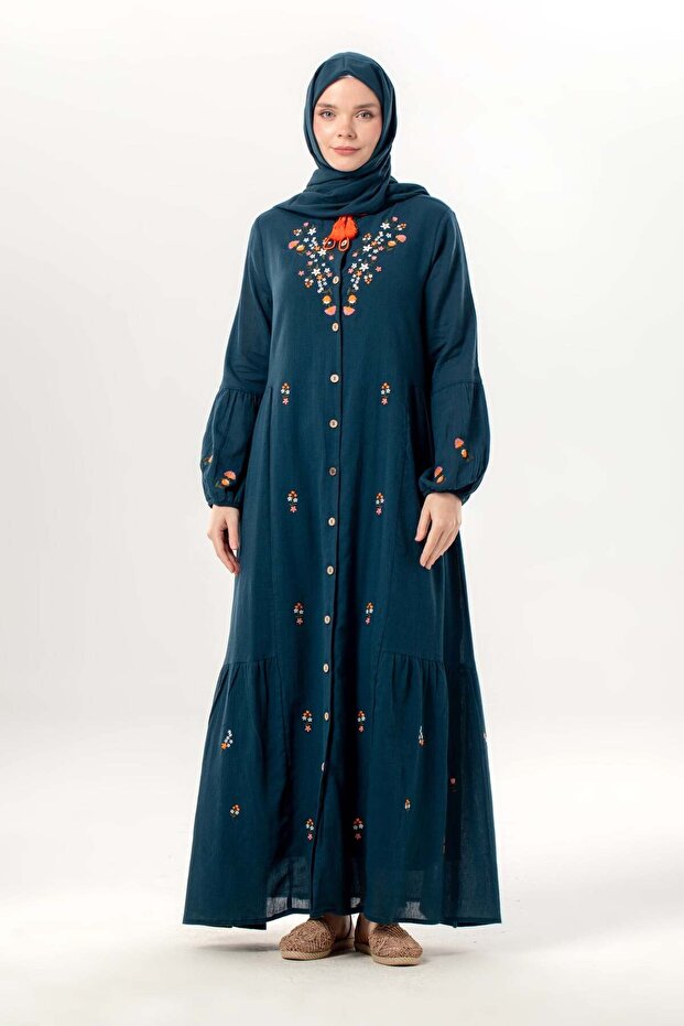 Long Sleeve Ala Embroidered Tassel Lace-Up High Collar Summer Sile Fabric Long Dress Petrol Ptrl