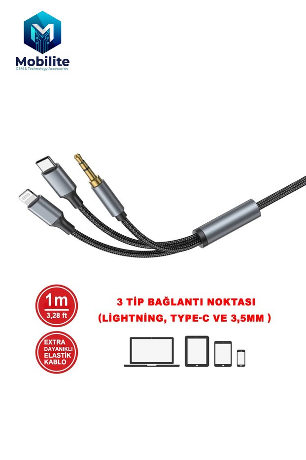 Type-C iPhone Lightning to 3.5mm Aux Fabric Braided Audio Cable 3 in 1 Stereo Supported