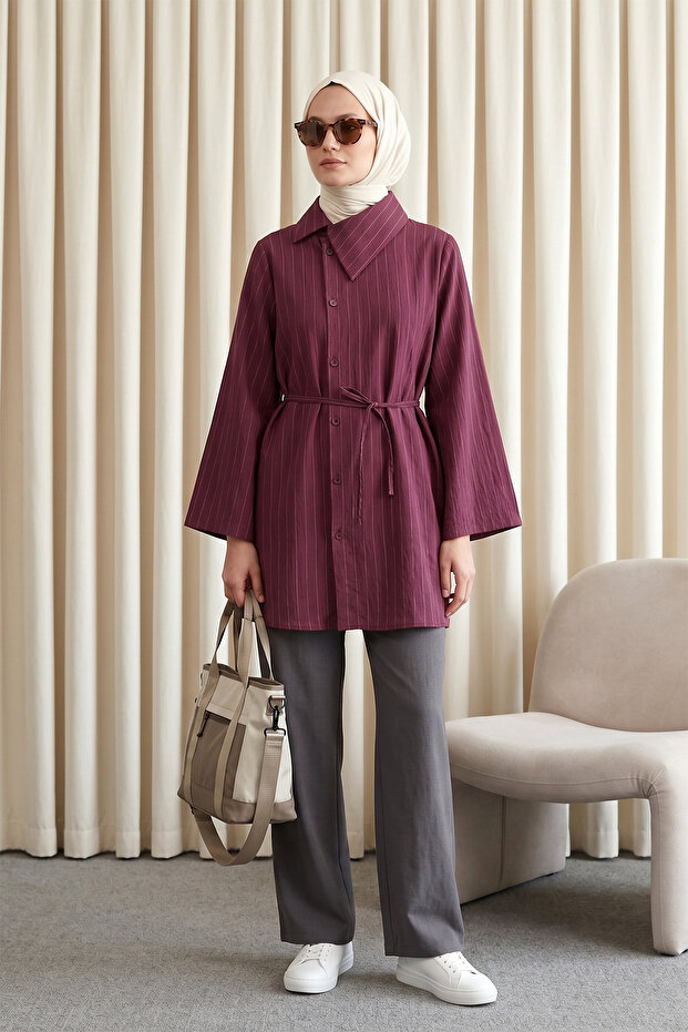 Side Collared Buttoned Crinkle Shirt Tunic - Plum - 1