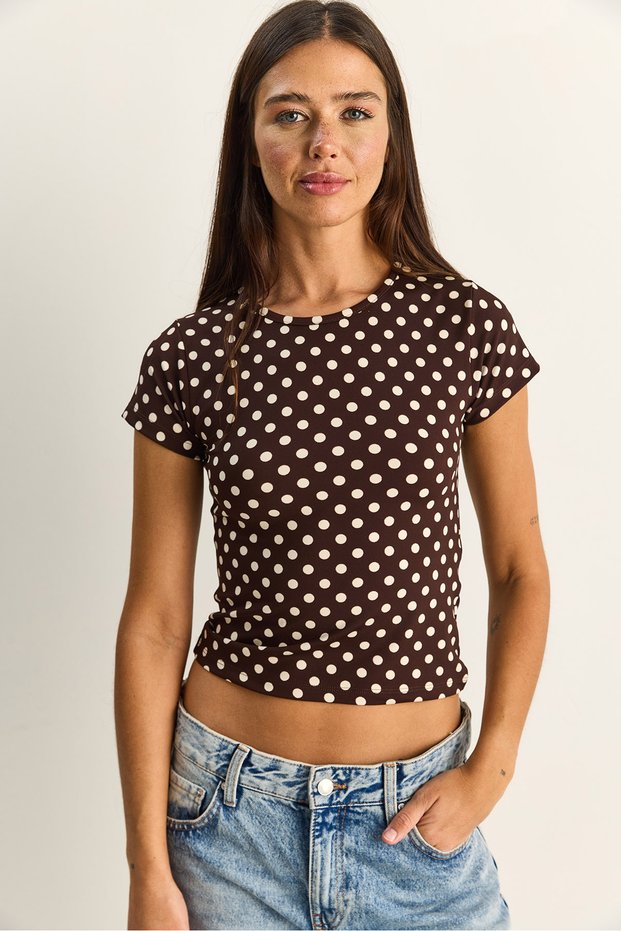 Women's Brown-Beige Crew Neck Polka Dot Short Sleeve Lycra Crop T-Shirt 6137 60286127