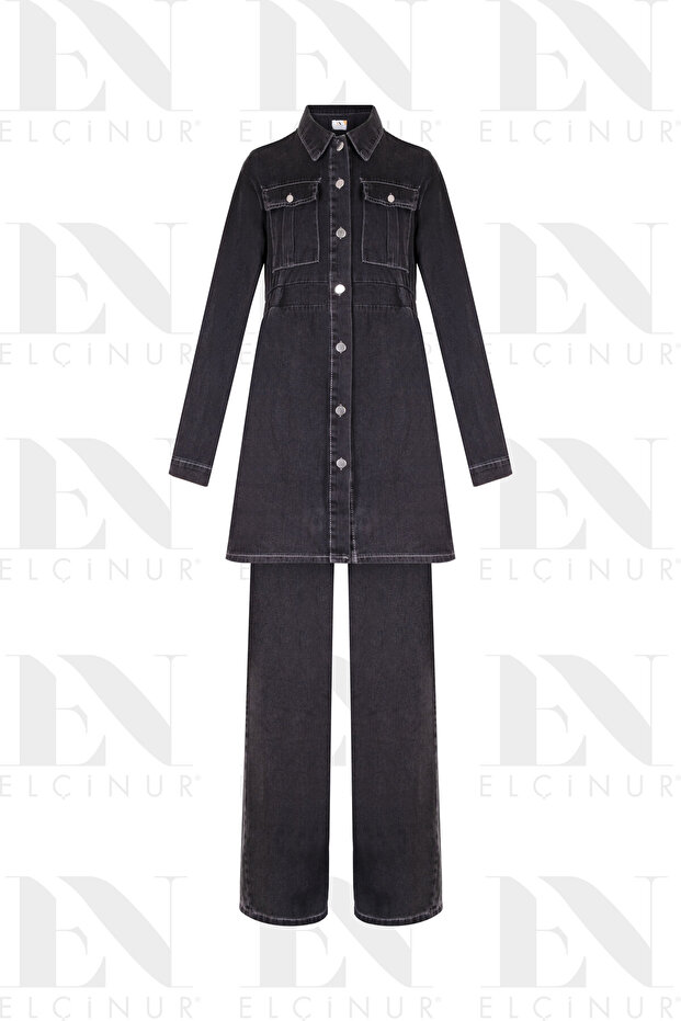 26353 Denim Jeans Tunic Trousers Set – Modern Hijab Set with Buttoned Pocket Detail