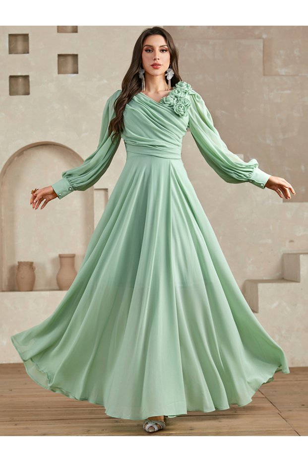 Green 3D Flower Detail Fold Pleat Maxi Dress