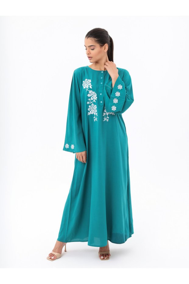 Green Embroidered Flare Sleeve Modest Dress
