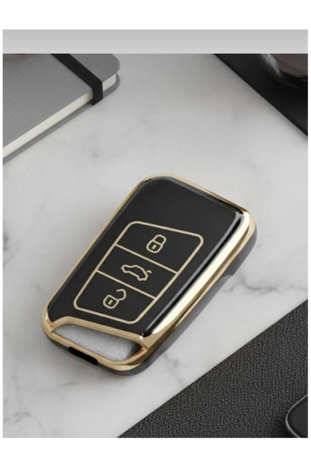 Volkswagen Passat Arteon Skoda Octavia Compatible 3 Button Nano Key Case Black-Gold