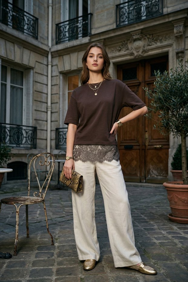 Women's Cotton T-Shirt with Lace Detail at the Hem