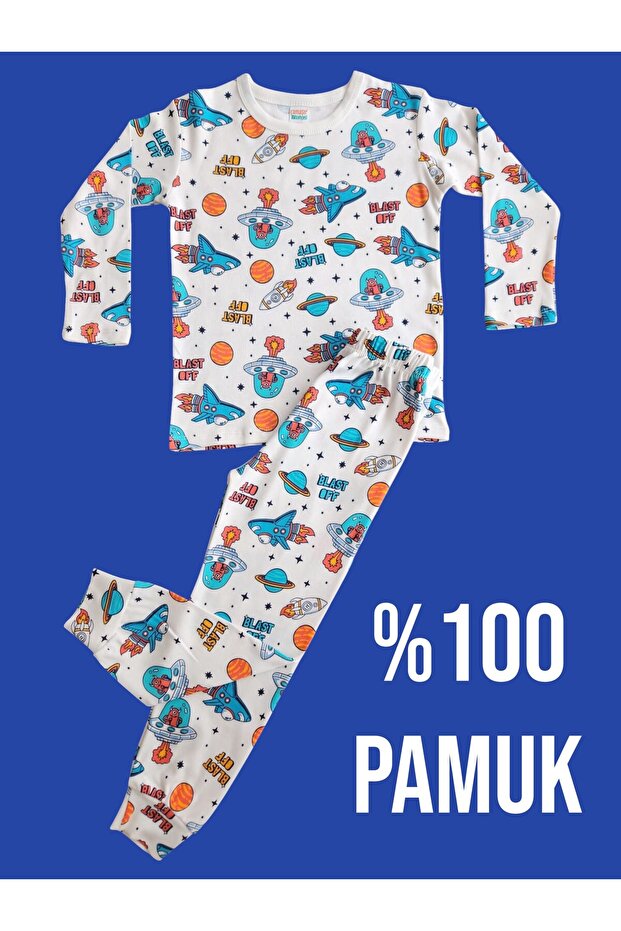 Long Sleeve Patterned Children's Pajama Set # Printed Children's Pajama Set # Laundry Room # Rocket Pattern Lipijama