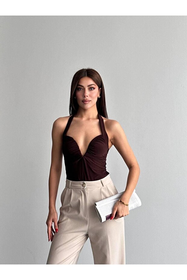 Göğsü Oval Demir Bodysuit Brown