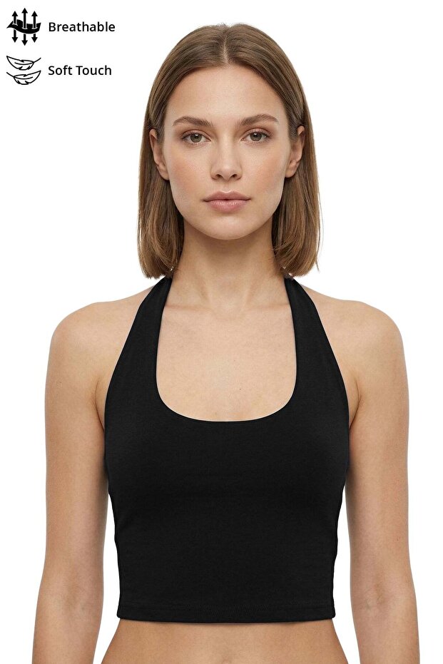 Black Viscose Halter Neck Backless Women's Crop Tank Top