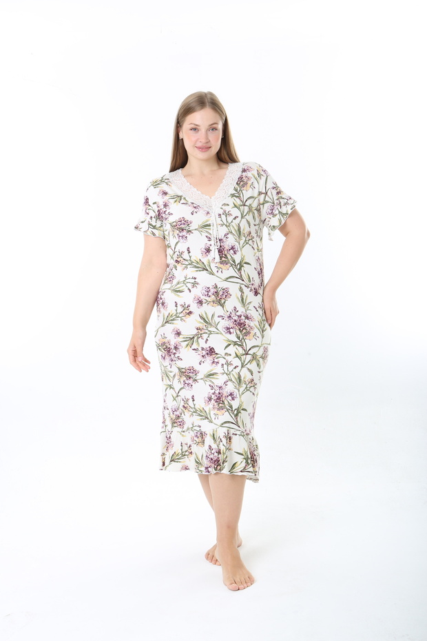 Women's Plus Size Elegant Collar Lace and String Detailed Ring Viscose Short Sleeve Nightgown