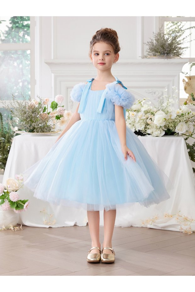 Girls Bow Tie Shoulder Floral Mesh Party Dress