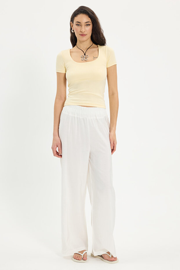 Women's Relax Fit Comfortable Cut Ecru Trousers with Elastic Waist