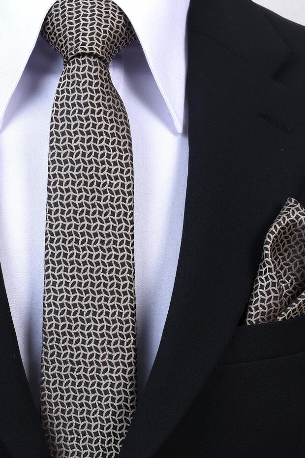 Hand Made 6 cm Slim Geometric Pattern Black Beige Color Thin Tie with Handkerchief