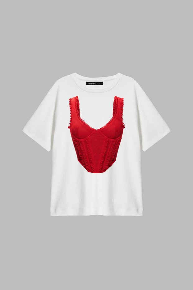 Pleated Red Corset Printed Relaxed Fit White Women's Tshirt