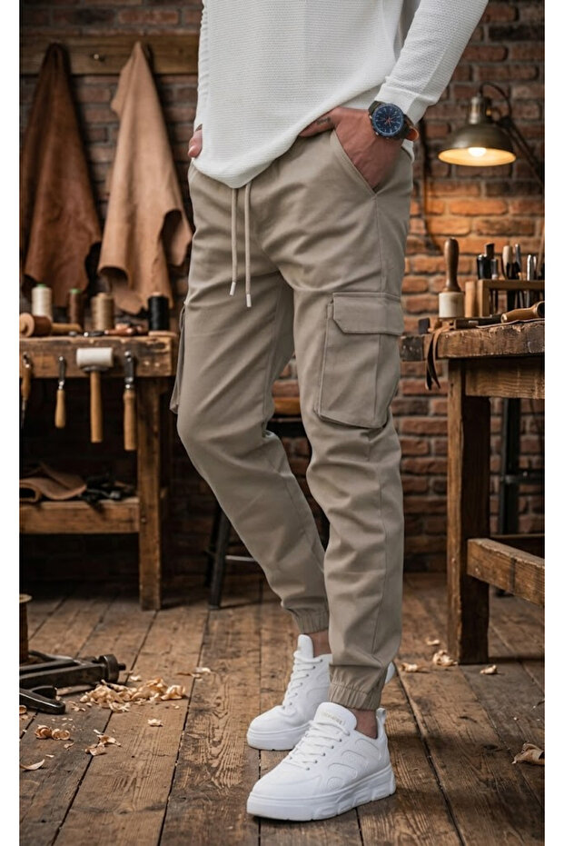 Men's Beige Cargo Pocket Jogger Pants with Elastic Cuffs, Comfortable Fit
