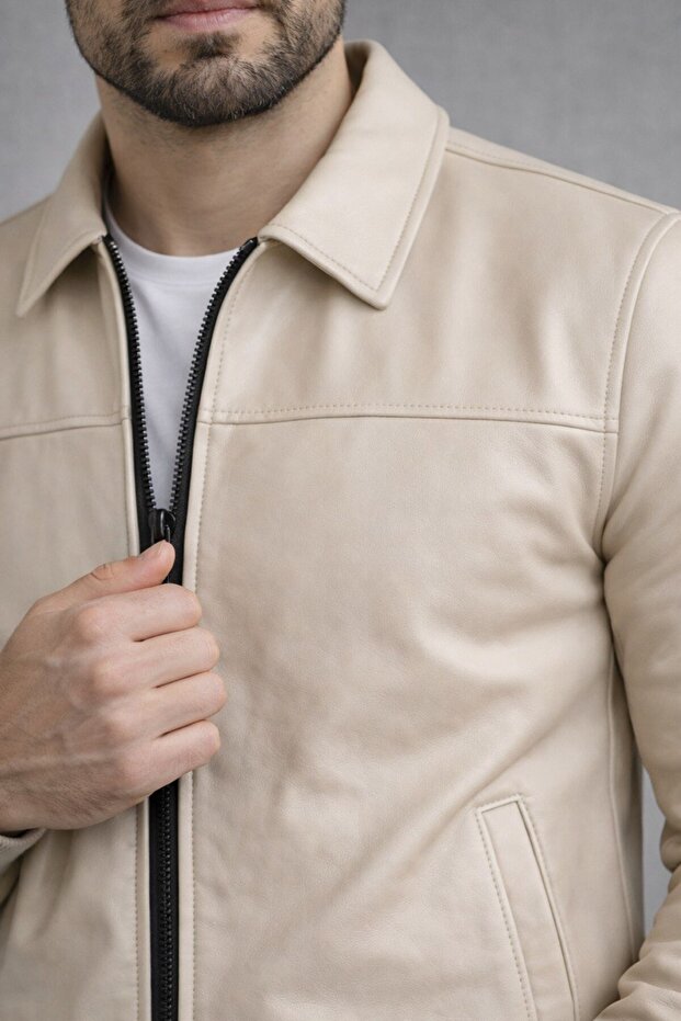 Basic Slim Fit Polo Collar Leather Jacket - 2