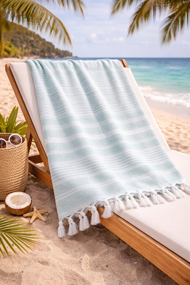 Striped Peshtamal, Cotton, Fringed, Beach, Pool, Spa, Sauna, Sports, Travel Towel, Water Green