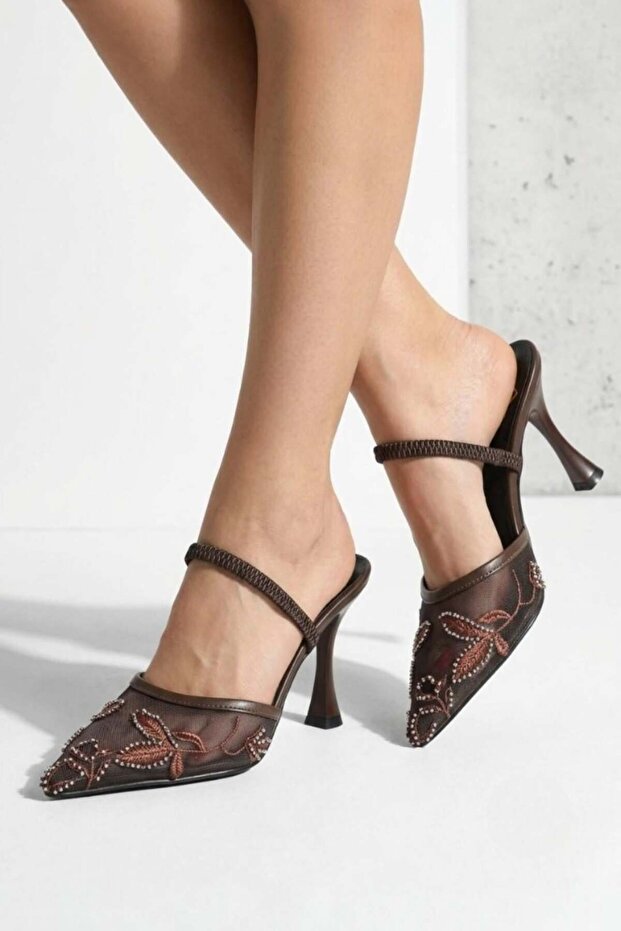 Y752176315 Brown Mesh Bead Embroidered Thin Heeled Women's Shoes