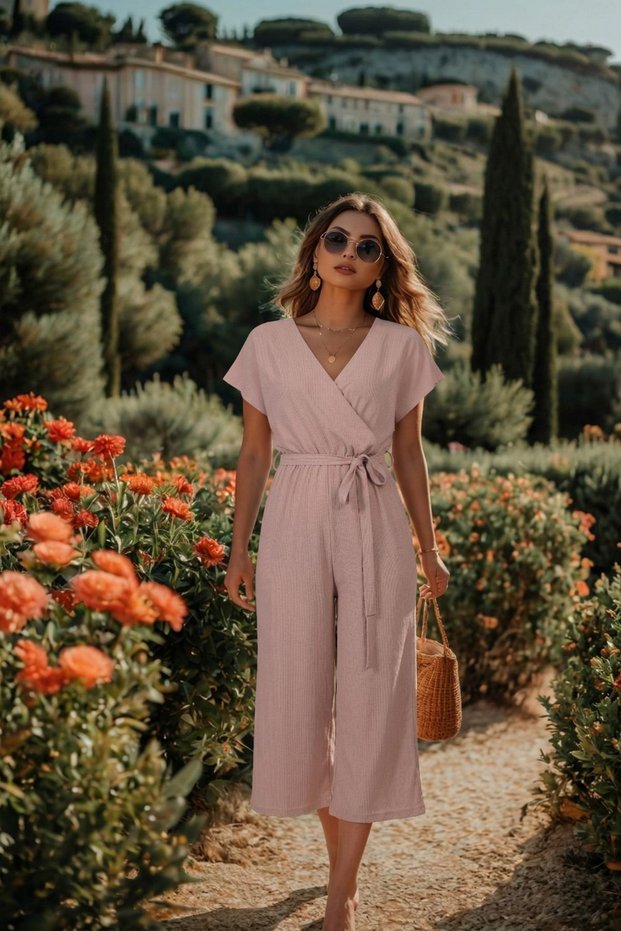 Women's Powder Double-Breasted Jumpsuit with Belt Arm-20Y042008