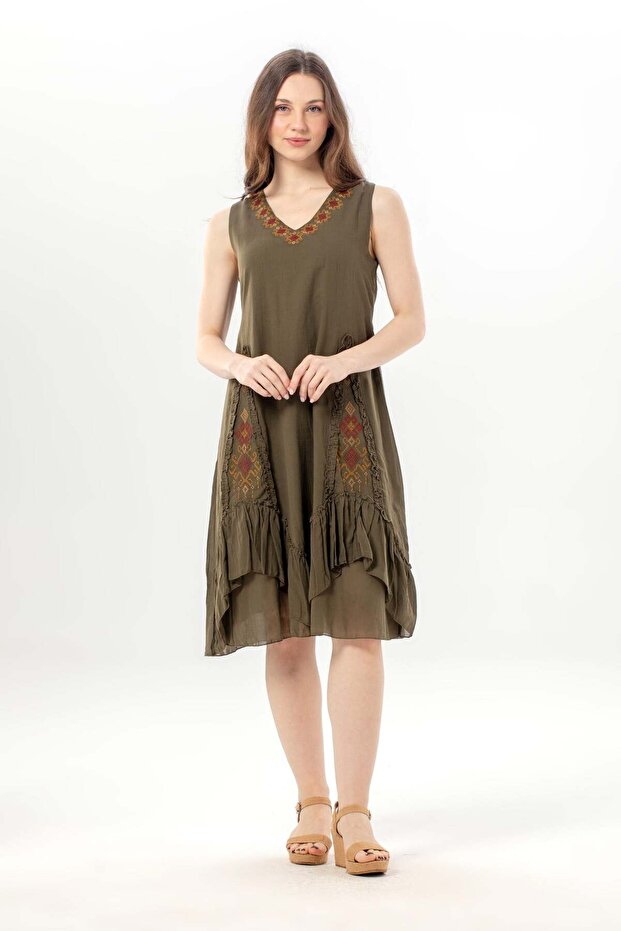 Sleeveless Begüm V-Neck Summer Embroidered Authentic Voile Short Dress Khaki Hk