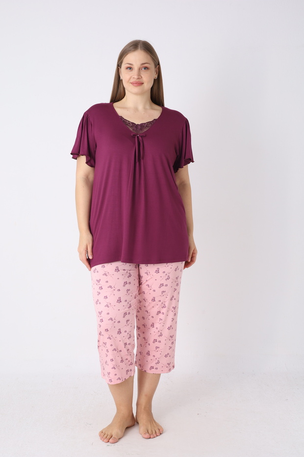 Women's Ring Viscose Plus Size Elegant Detailed Collar Short Sleeve Capri Pajama Set