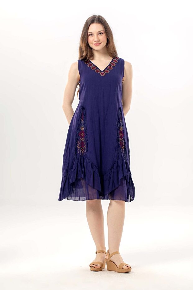 Sleeveless Begüm V-Neck Summer Embroidered Authentic Voile Short Dress Purple Purple
