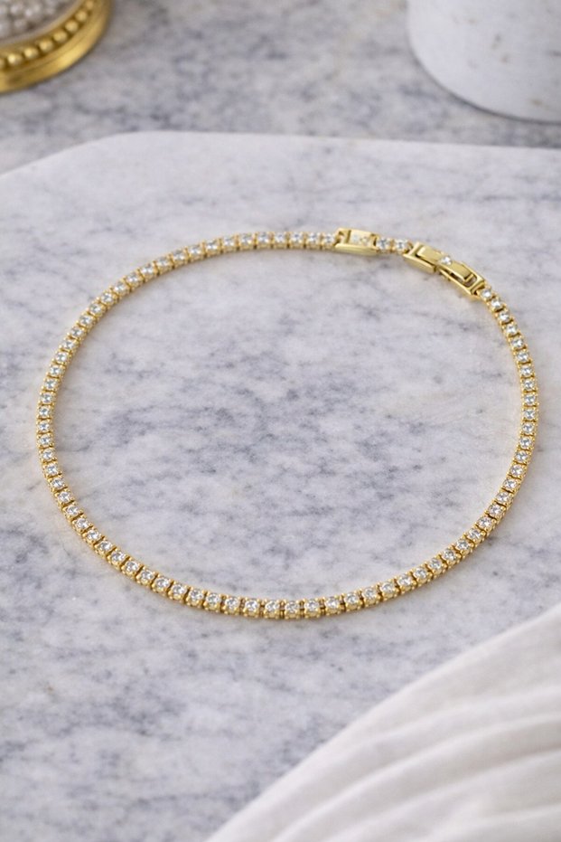 Su Yolu Gold Color Tennis Chain Stainless Steel Stylish Gold Zircon Stone Bracelet - Anklet (17+2 cm)