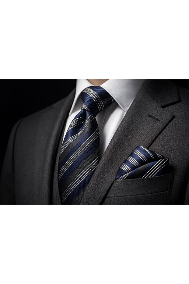 Striped Navy Blue Gray Tie Handkerchief