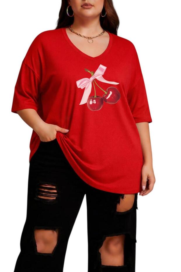 Ribbon-Cheery Printed Large Size V-Neck Oversize Unisex T-Shirt 1Cz4