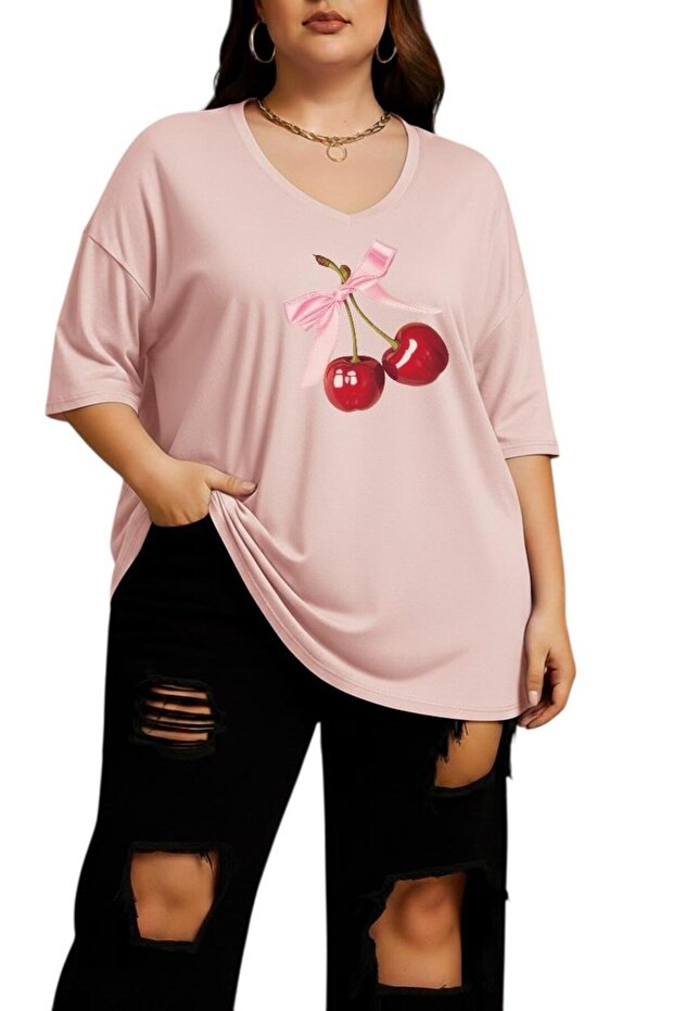 Ribbon-Cheery Printed Large Size V-Neck Oversize Unisex T-Shirt 1Cz4