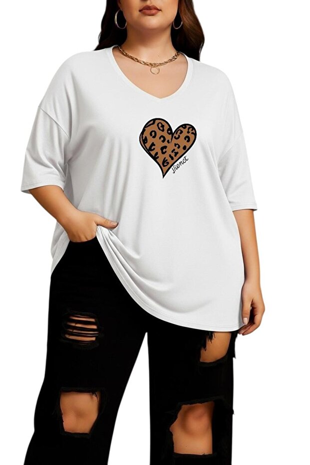 Heart Printed Large Size V-Neck Oversized Unisex T-Shirt 1Cz5