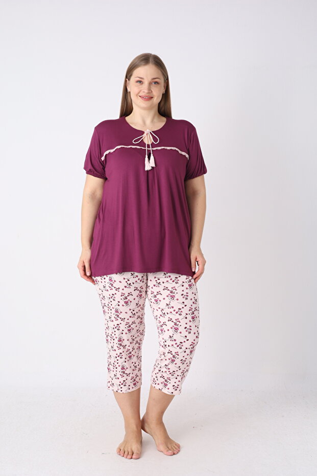 Women's Ring Viscose Plus Size Elegant Detailed Collar Short Sleeve Capri Pajama Set