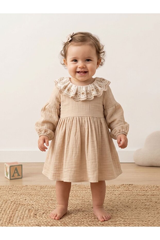 Girl's Muslin Dress with Ruffled Collar