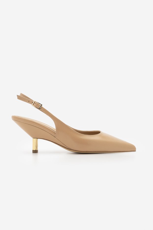 Women's Stiletto Pointed Toe Open Back Gold Metal Heel Classic Heeled Shoes Rente Beige