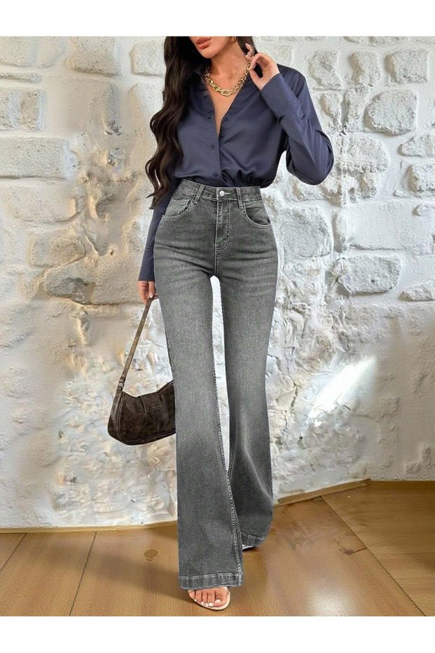 Women's High-Waisted Gray Spanish Flare Jeans — Slim Fit Flare (Bootcut) Denim Pantsnn
