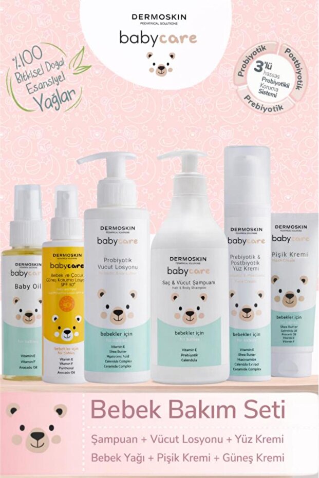 Dermoskin Babycare Bebek Bakım Seti | Şampuan + Vücut Losyonu + Yüz Kremi + Bebek Yağı + Pişik Kremi + Güneş K
