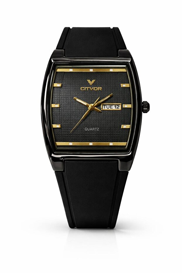 CITVOR Regal Classic Men’s Quartz Watch Black Silicone Strap Square Dial with Day & Date Display –
