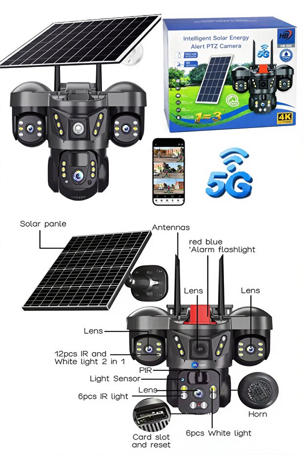 كاميرا أمان شمسية HB 5G ثلاثية العدسات لاسلكية للاستخدام الخارجي مع دعم بطاقة SIM طراز HB-006