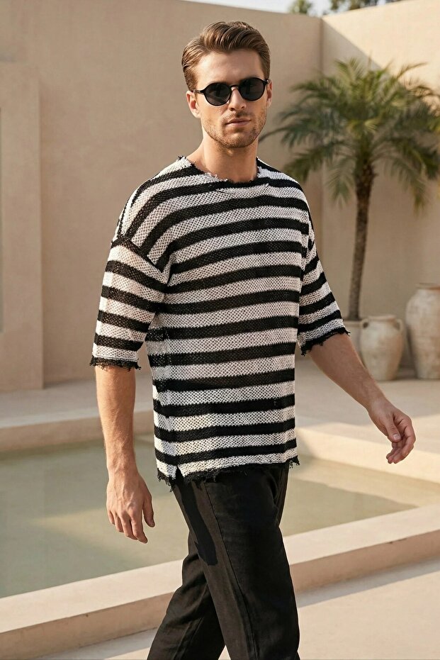 Men's Oversize Ecru-Black Knitwear T-Shirt Mz-37072