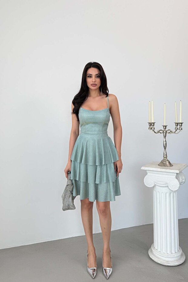 Mint Thin Strap Skirt with Flounces and Glitter Evening Dress Graduation Dress