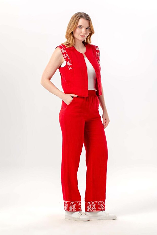 Nirvana Elastic Waist Muslin Embroidered Trousers with Double Side Pockets Red Krmz