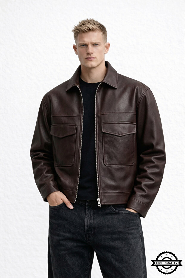 Zra Model New Season Half Oversize Four Seasons Trend Men's Leather Jacket Coat